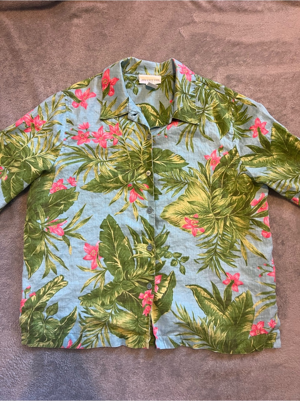 Jones New York Blue Tropical Floral Linen Button-Down Shirt
